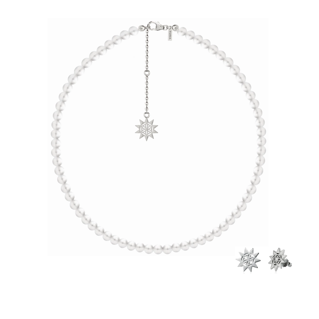 Seturi bijuterii din argint - Set Colier și Cercei din argint cu perle naturale de cultură mari Soare Argintiu