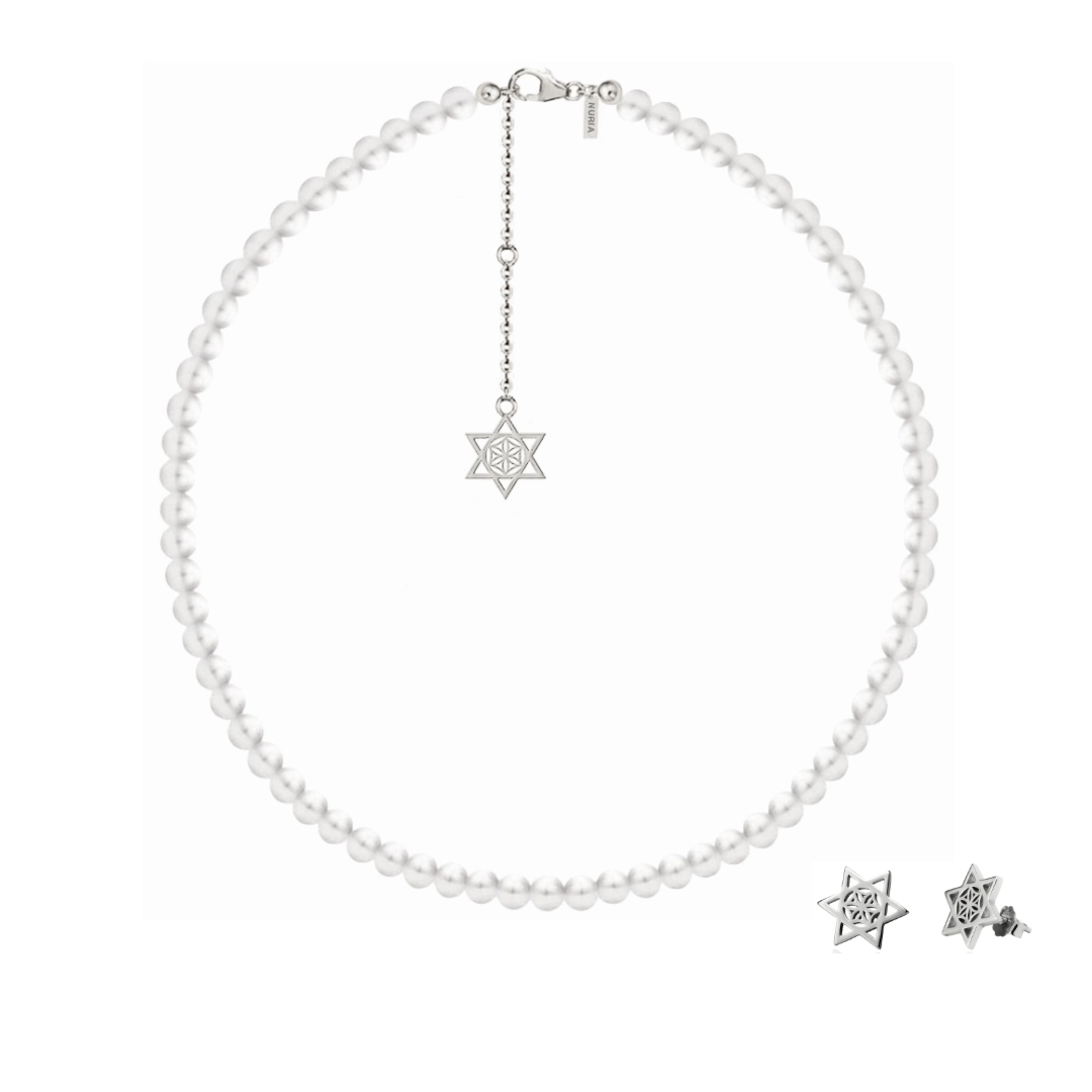 Seturi bijuterii din argint - Set Colier și Cercei din argint cu perle naturale de cultură mari Stea Argintiu