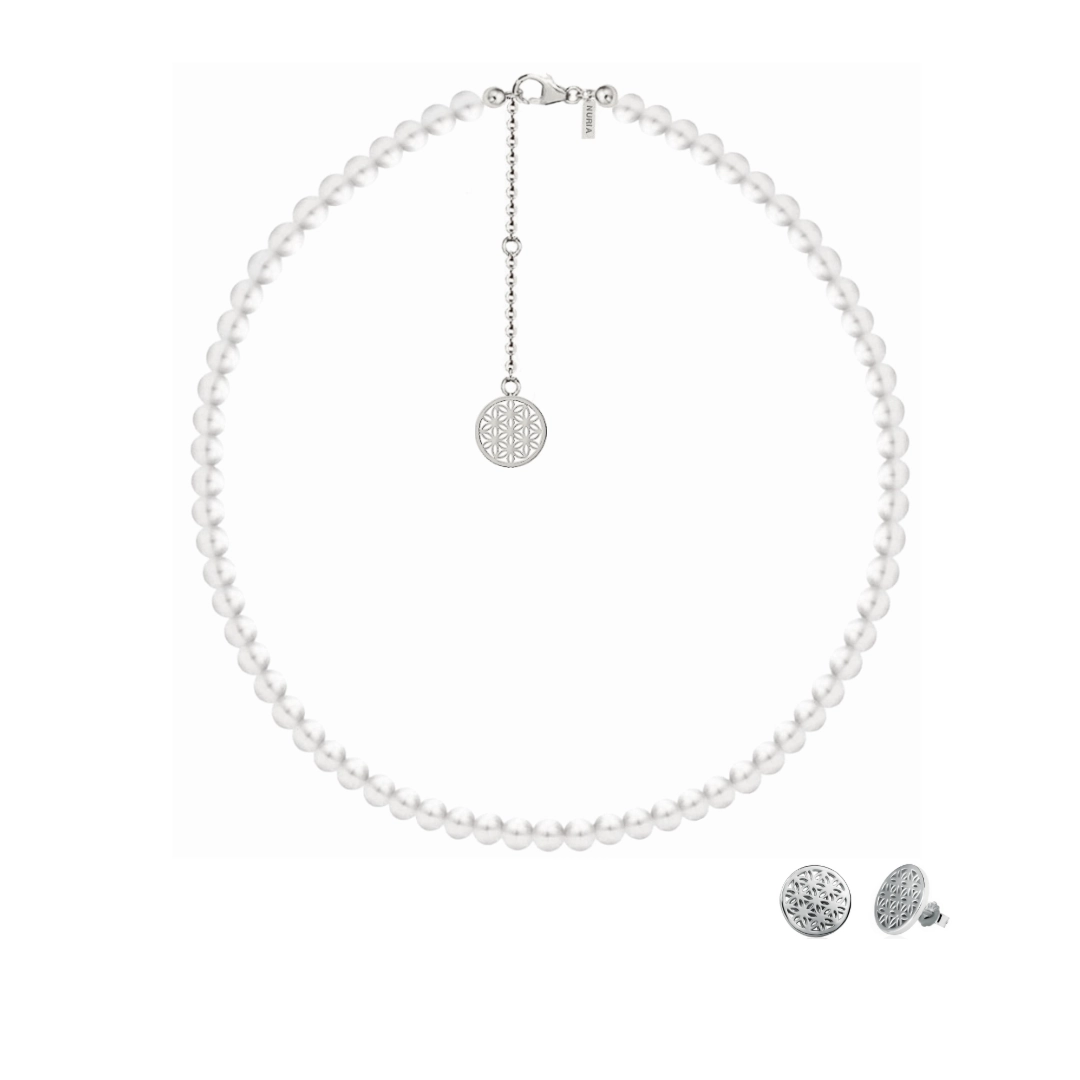 Seturi bijuterii din argint - Set Colier și Cercei din argint cu perle naturale de cultură mari Structură Argintiu