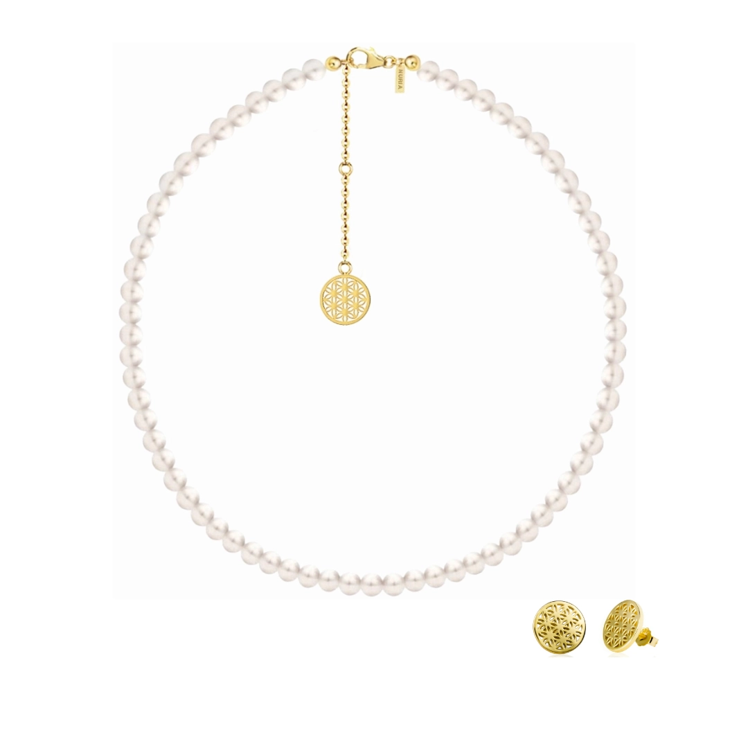 Seturi bijuterii din argint - Set Colier și Cercei din argint cu perle naturale de cultură mari Structură Auriu