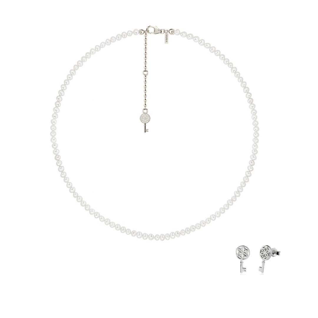 Christmas Sale - Set Colier și Cercei din argint cu perle naturale de cultură mici Cheie Argintiu