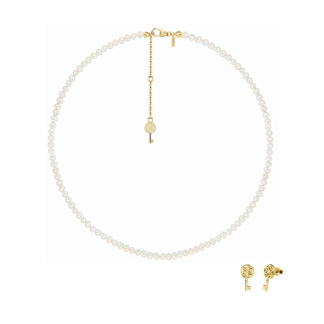 Seturi bijuterii din argint - Set Colier și Cercei din argint cu perle naturale de cultură mici Cheie Auriu