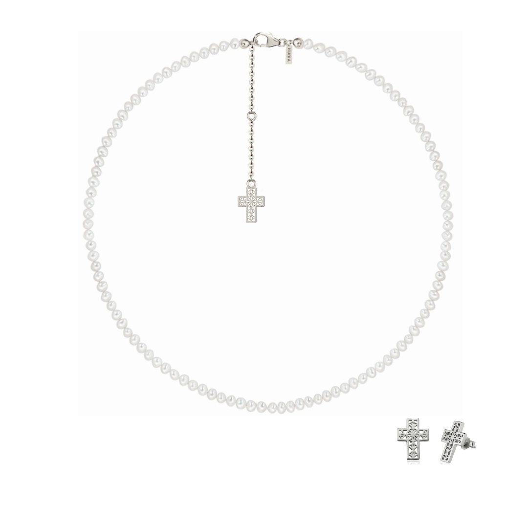 Christmas Sale - Set Colier și Cercei din argint cu perle naturale de cultură mici Cruce Argintiu