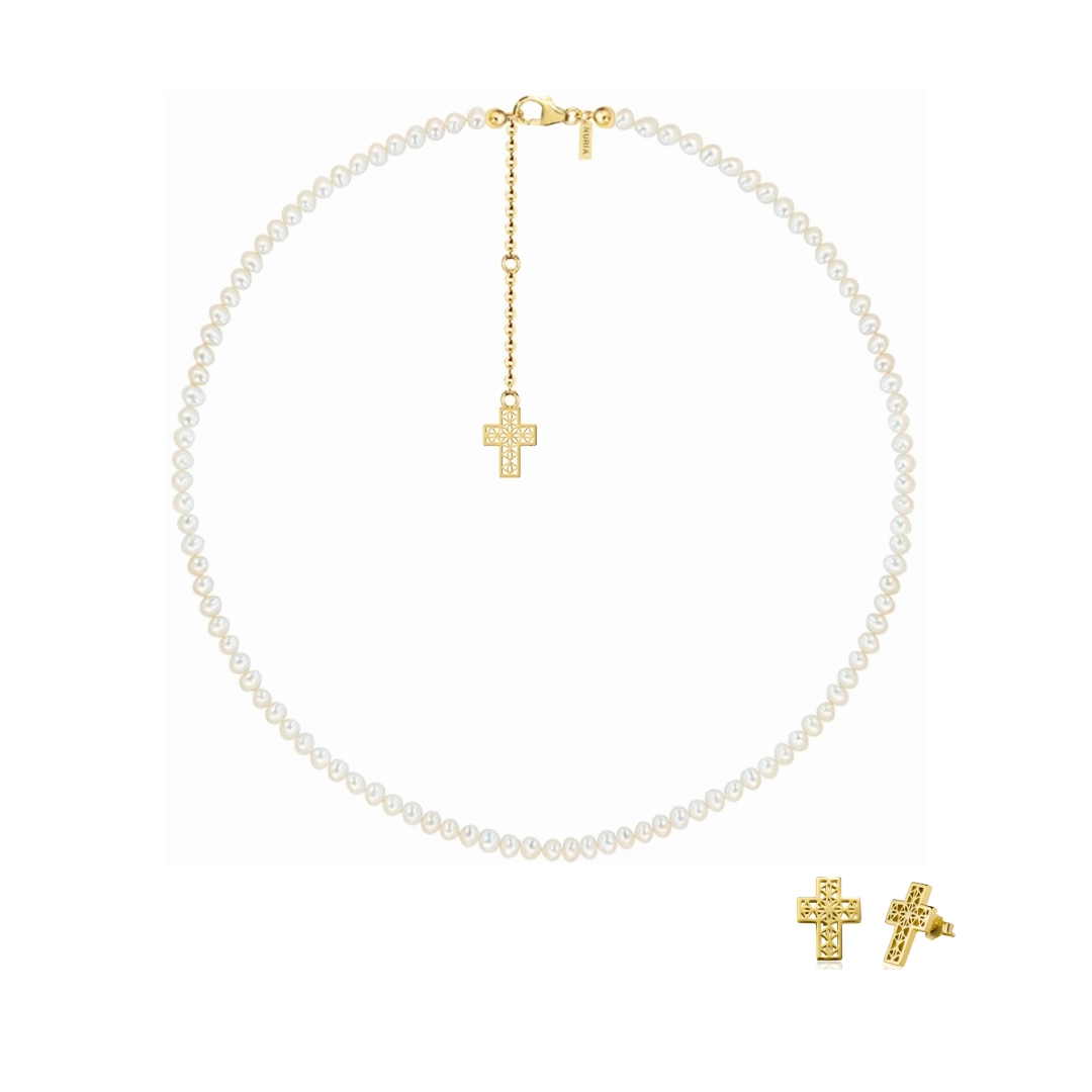 Seturi bijuterii din argint - Set Colier și Cercei din argint cu perle naturale de cultură mici Cruce Auriu