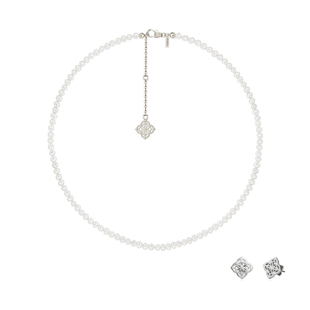 Seturi bijuterii din argint - Set Colier și Cercei din argint cu perle naturale de cultură mici Inimă Argintiu