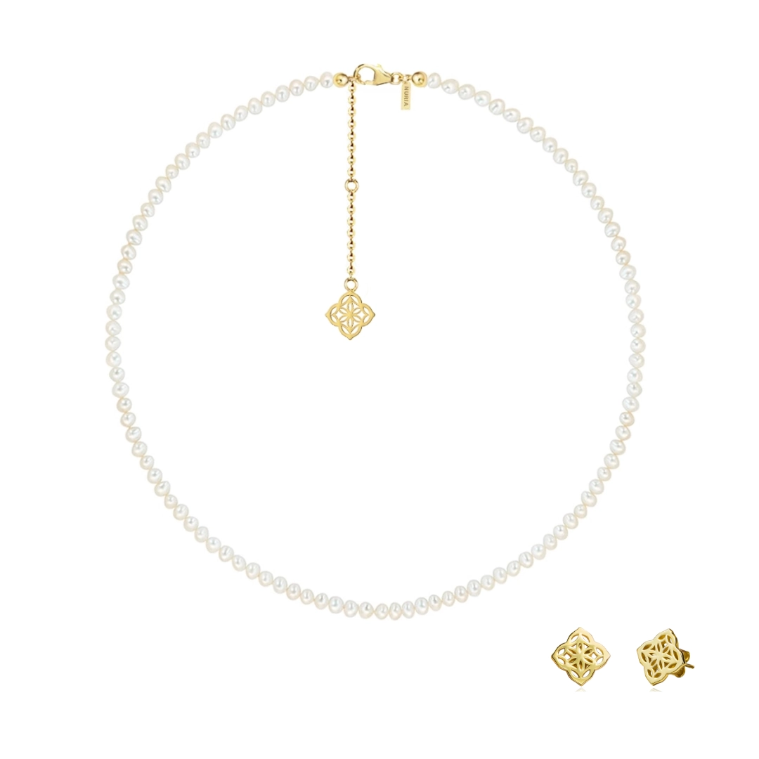 Seturi bijuterii din argint - Set Colier și Cercei din argint cu perle naturale de cultură mici Inimă Auriu