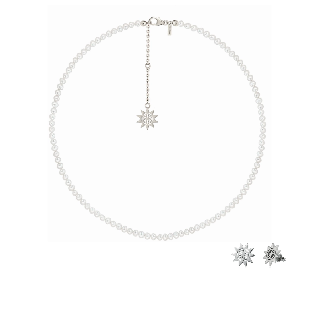 Christmas Sale - Set Colier și Cercei din argint cu perle naturale de cultură mici Soare Argintiu