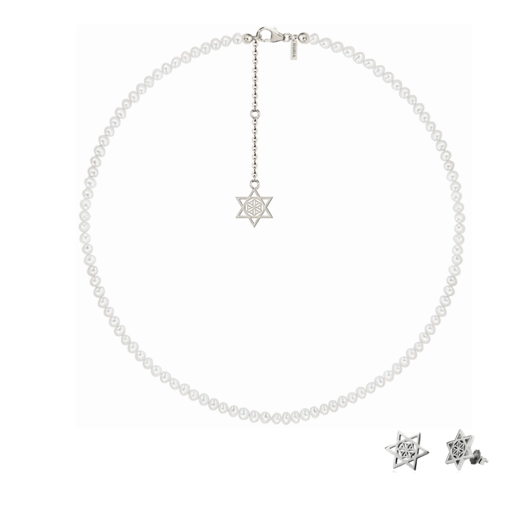 Seturi bijuterii din argint - Set Colier și Cercei din argint cu perle naturale de cultură mici Stea Argintiu
