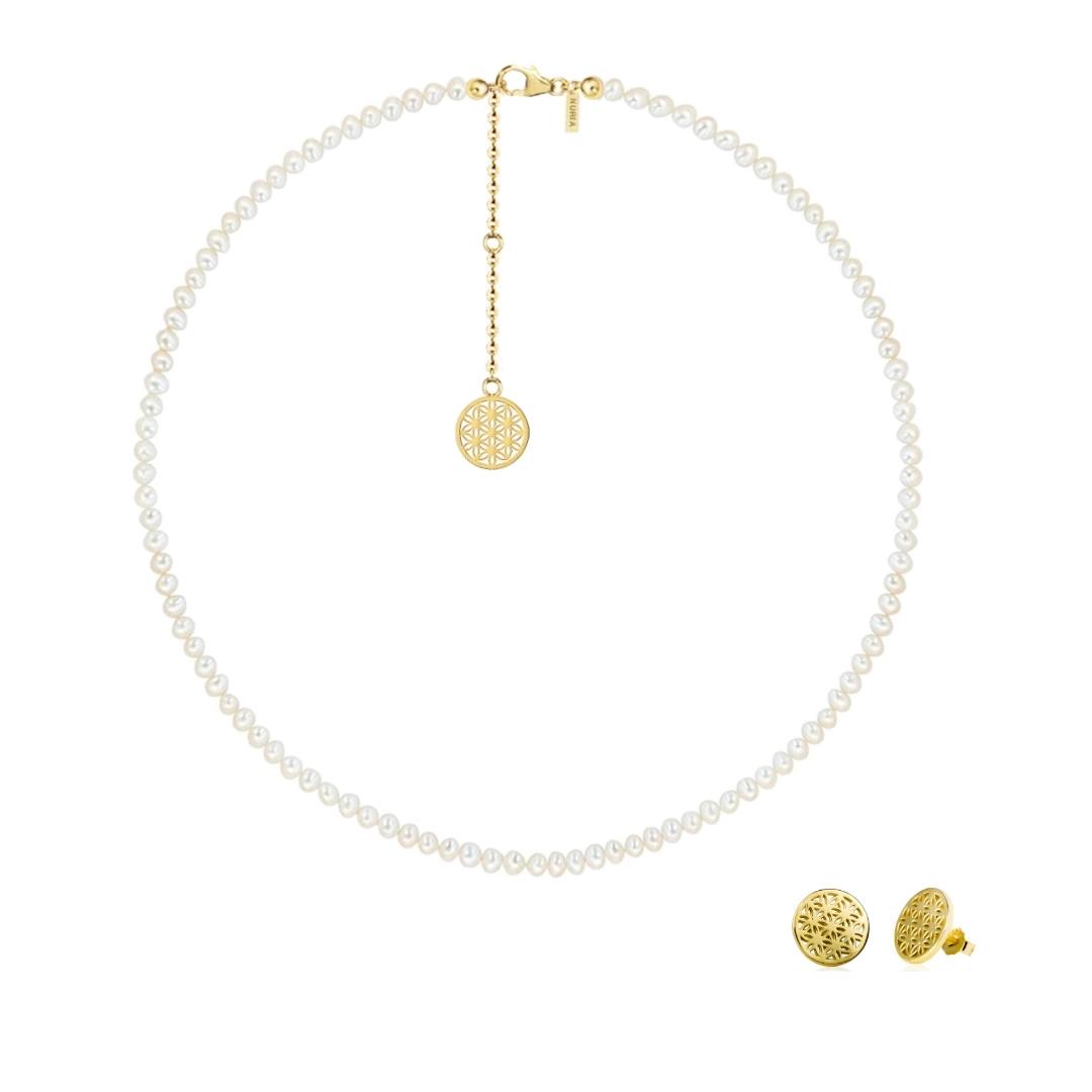 Seturi bijuterii din argint - Set Colier și Cercei din argint cu perle naturale de cultură mici Structură Auriu