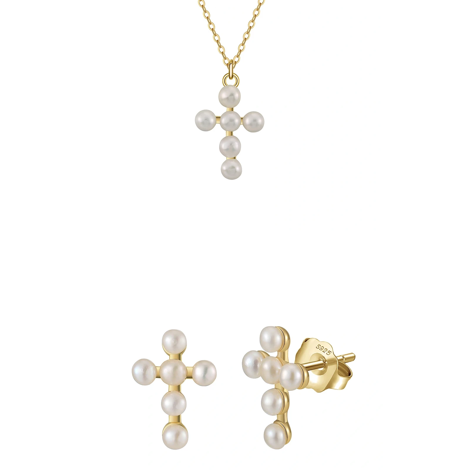 Seturi bijuterii din argint - Set Colier și Cercei din Argint cu Perle Naturale de Cultură Pearl Cross Charm