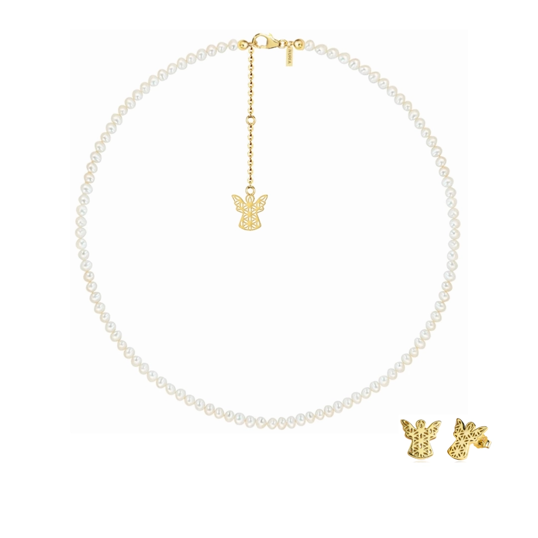 Christmas Sale - Set Colier și Cercei din argint cu perle naturale de cultură mici Înger Auriu