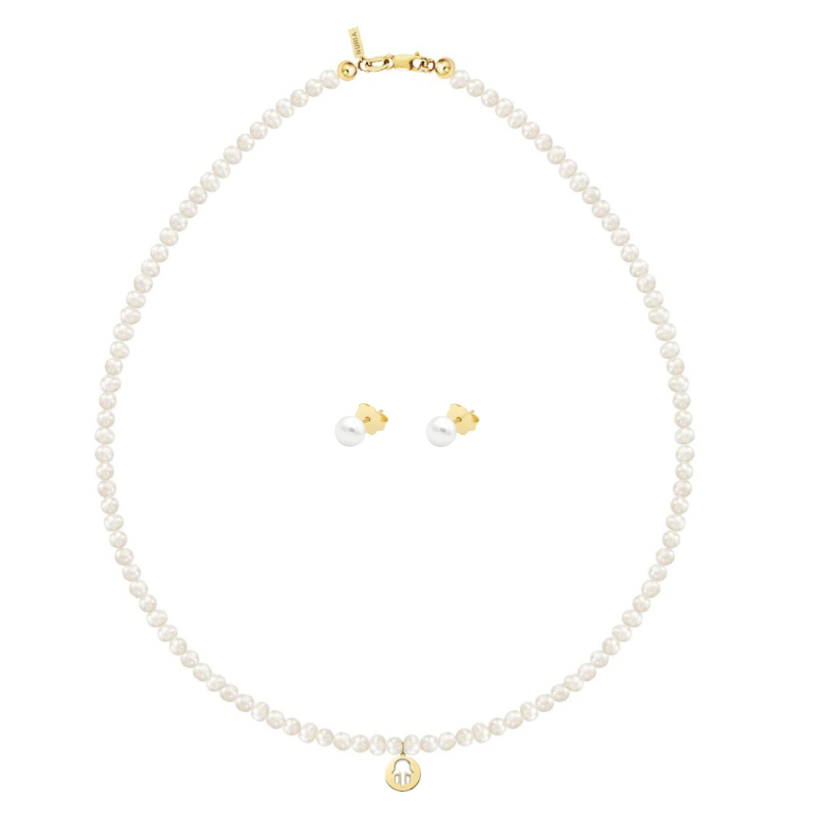 Seturi bijuterii din argint - Set Colier și Cercei din argint cu perle naturale de cultură Small String Hamsa Auriu