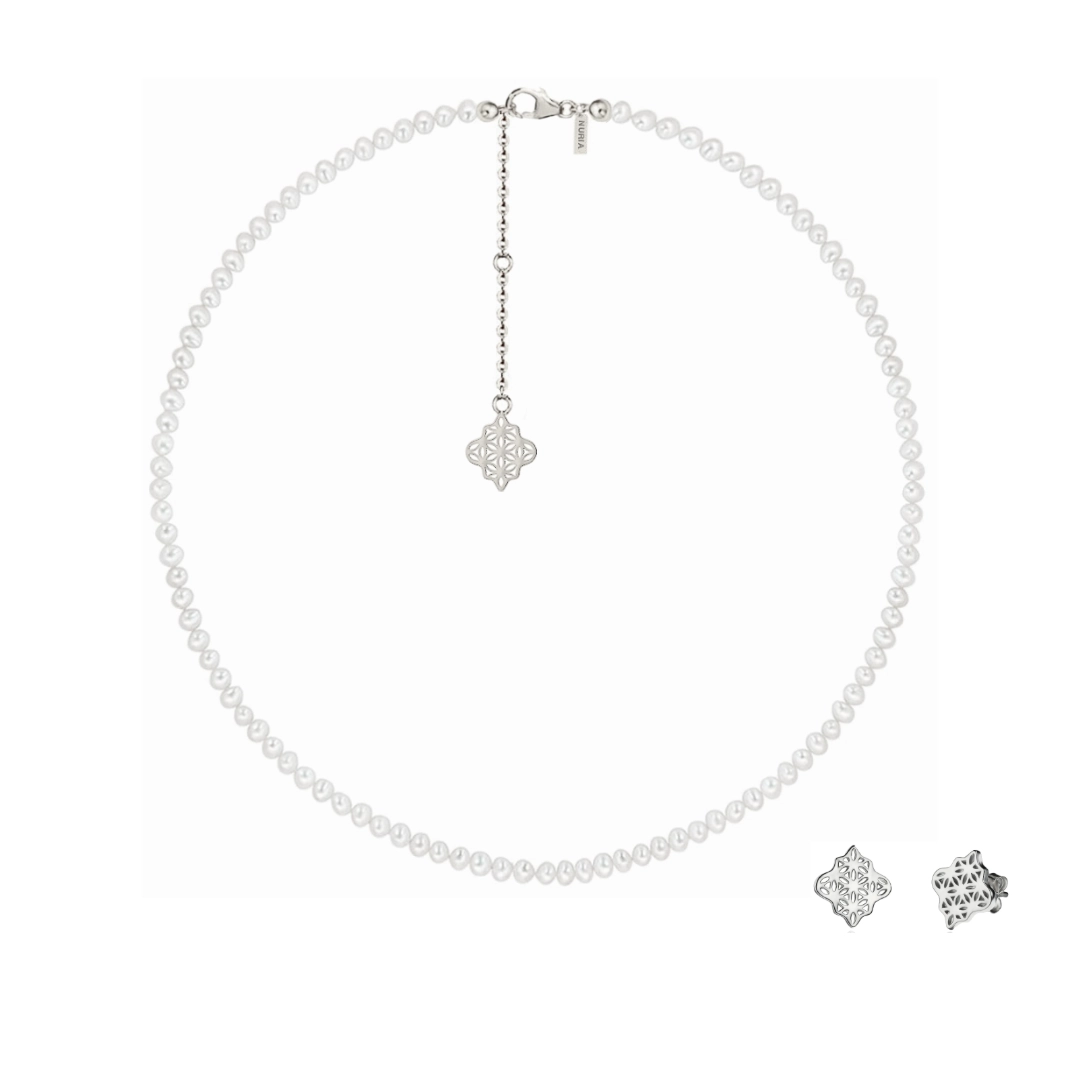 Seturi bijuterii din argint - Set Colier și Cercei din argint cu perle naturale de cultură mici Compas Argintiu