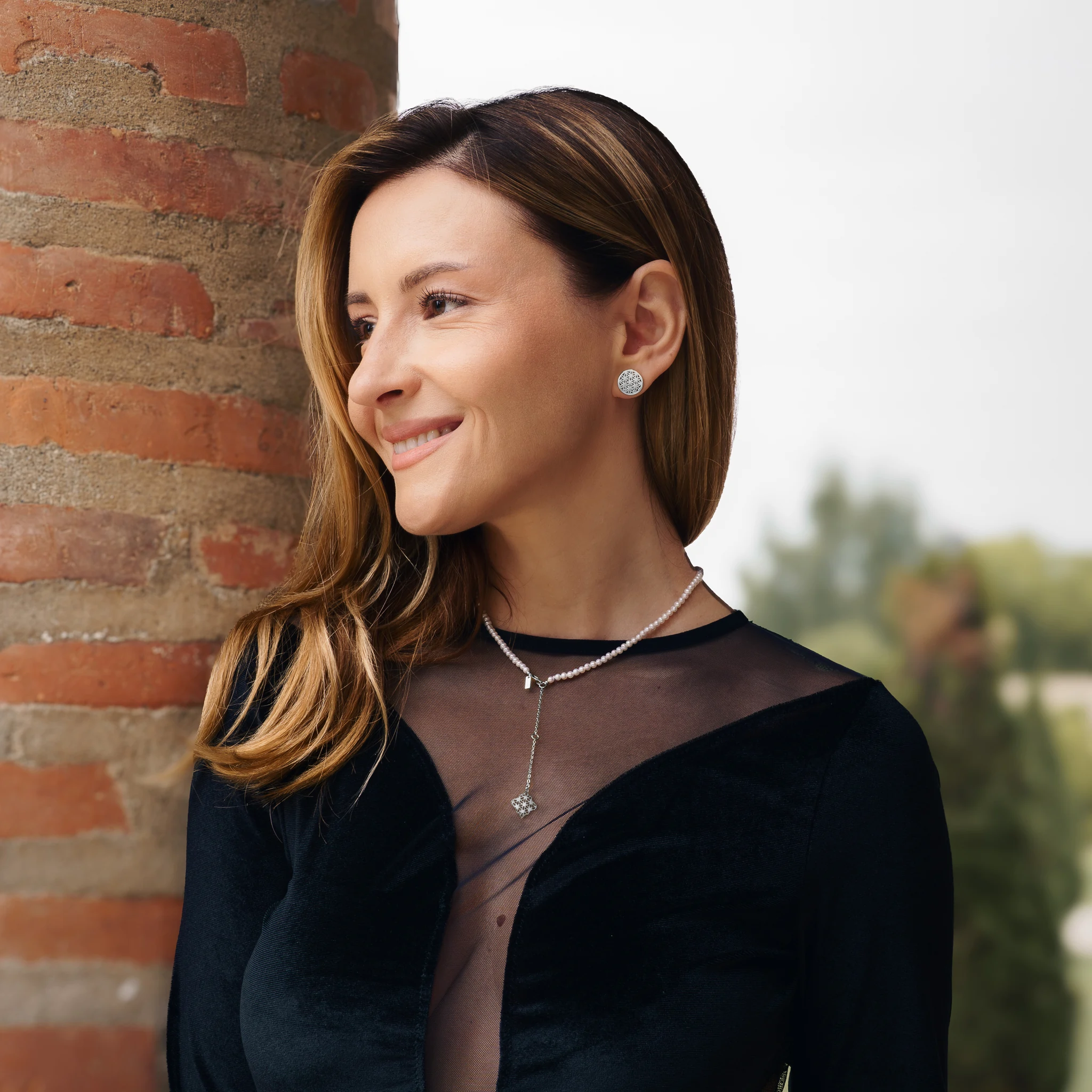 Seturi bijuterii din argint - Set Colier și Cercei din argint cu perle naturale de cultură mici Compas Argintiu