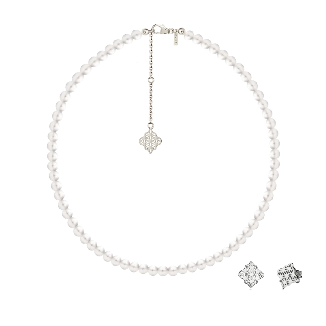 Seturi bijuterii din argint - Set Colier și Cercei din argint cu perle naturale de cultură mari Compas Argintiu