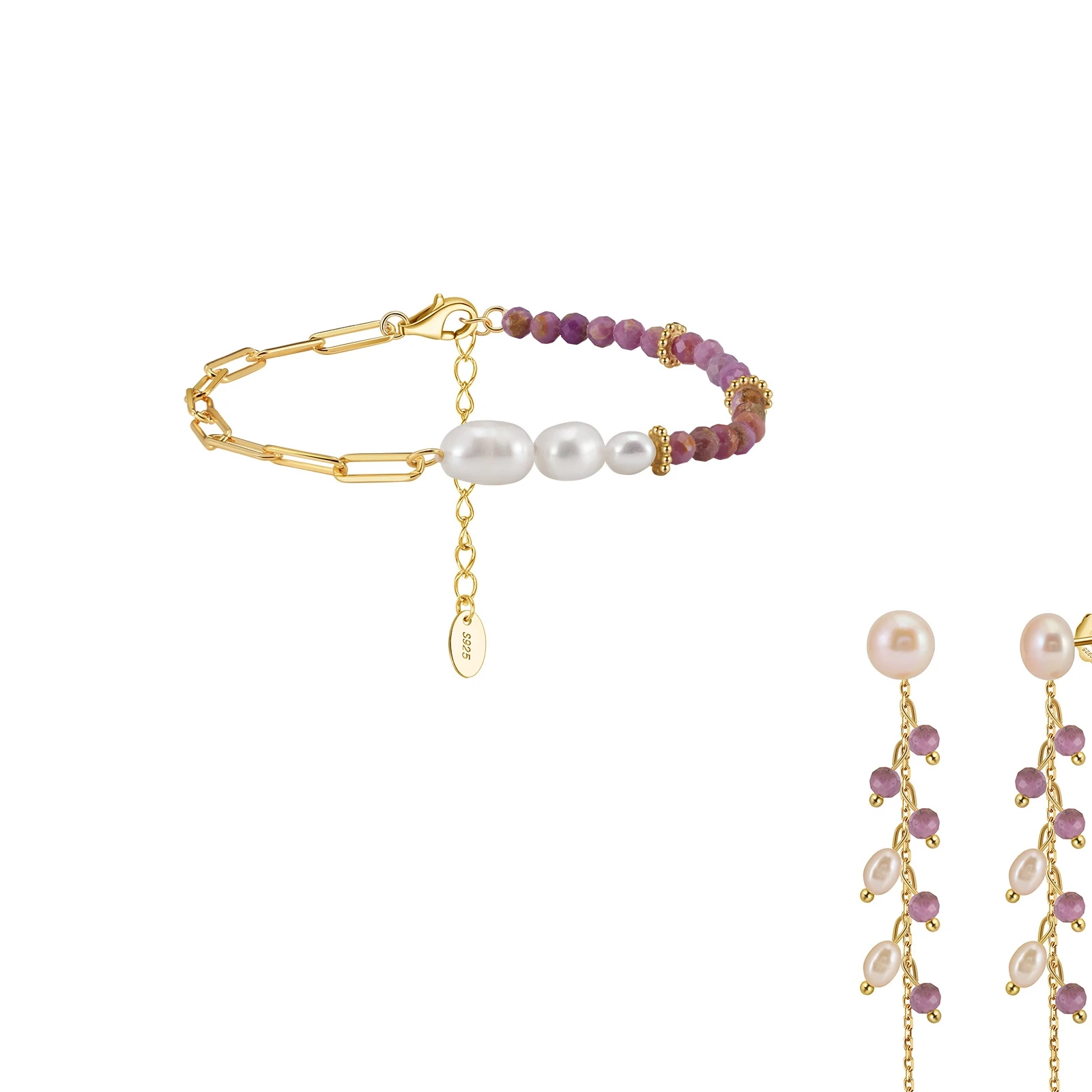Seturi bijuterii din argint - Set Brățară și Cercei din Argint cu Perle Naturale și Pietre Ametist Elegant Gold Amethyst