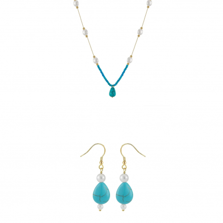 Seturi bijuterii din argint - Set Colier și Cercei din Perle și Piatră Naturală Turcoaz Turquoise Harmony Gold
