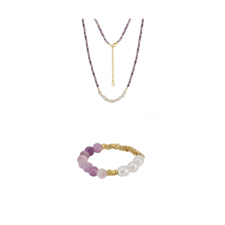Seturi bijuterii din argint - Set Colier și Inel din Argint cu Perle Naturale și Pietre Naturale Ametist Lavender Amethyst