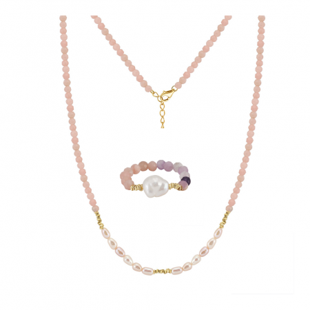 Seturi bijuterii din argint - Set Colier și Inel din Argint cu Perle Naturale și Pietre Naturale Cuarț Pink Elegance