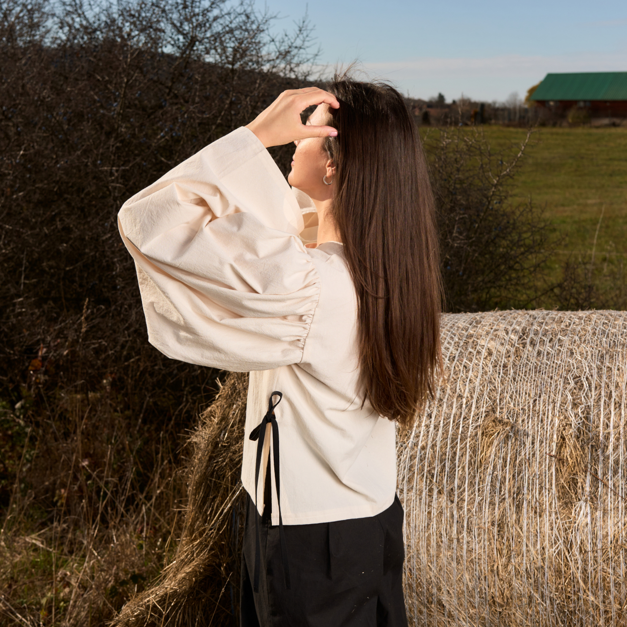 Bluza din bumbac natur cu maneca incretita si funde laterale [4]