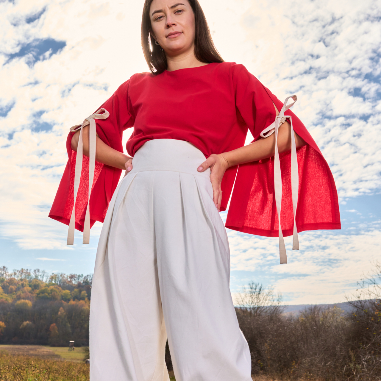 Bluza bumbac roșu cu mâneci largi Selena [3]