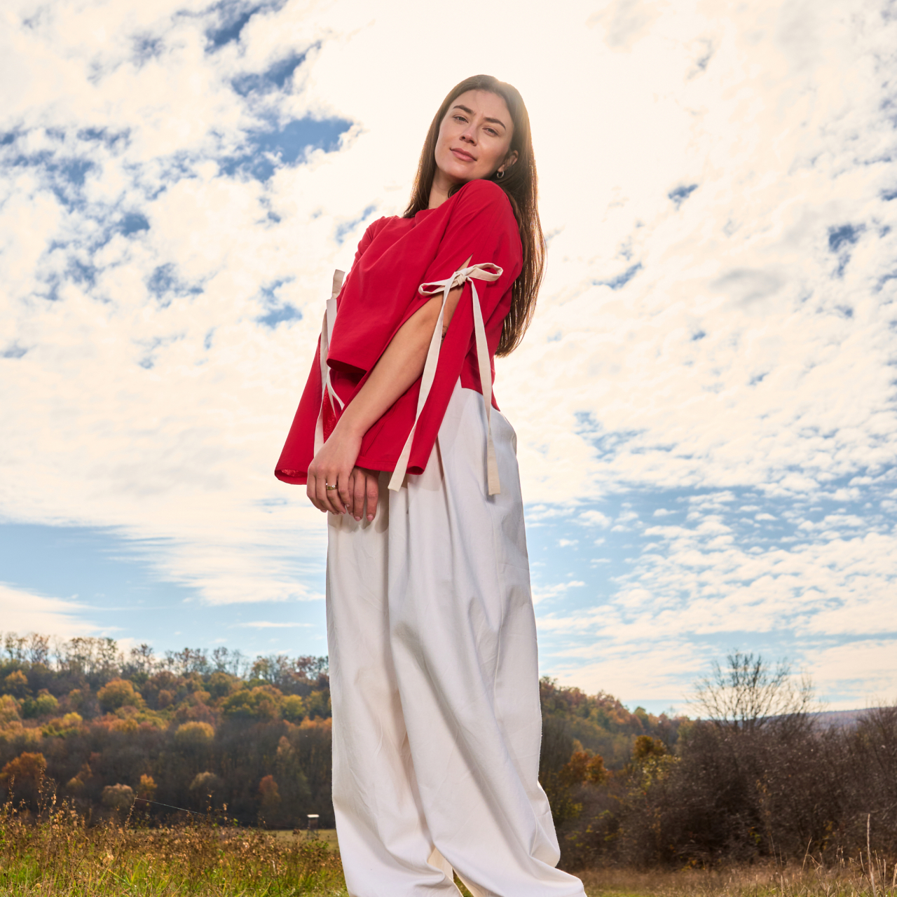 Bluza bumbac roșu cu mâneci largi Selena [5]