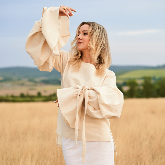Bluză cu Mâneci Bufante din Bumbac 100% Natural [3]