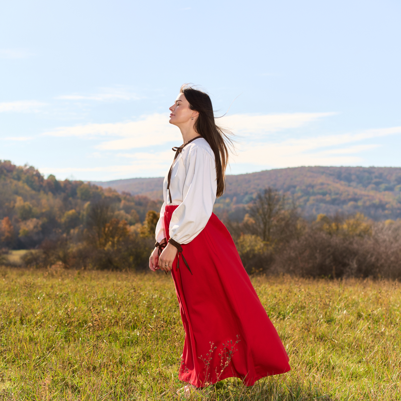 Fustă lungă din bumbac natural roșu gros [4]