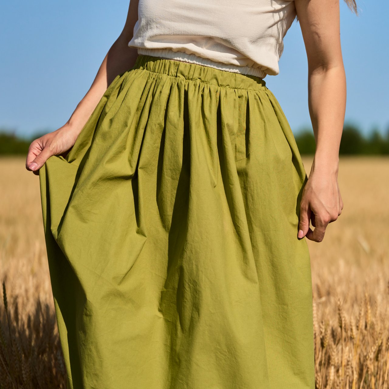 Fustă lungă vaporoasă din bumbac, verde olive, cu talie elastică – ideală pentru vară [6]