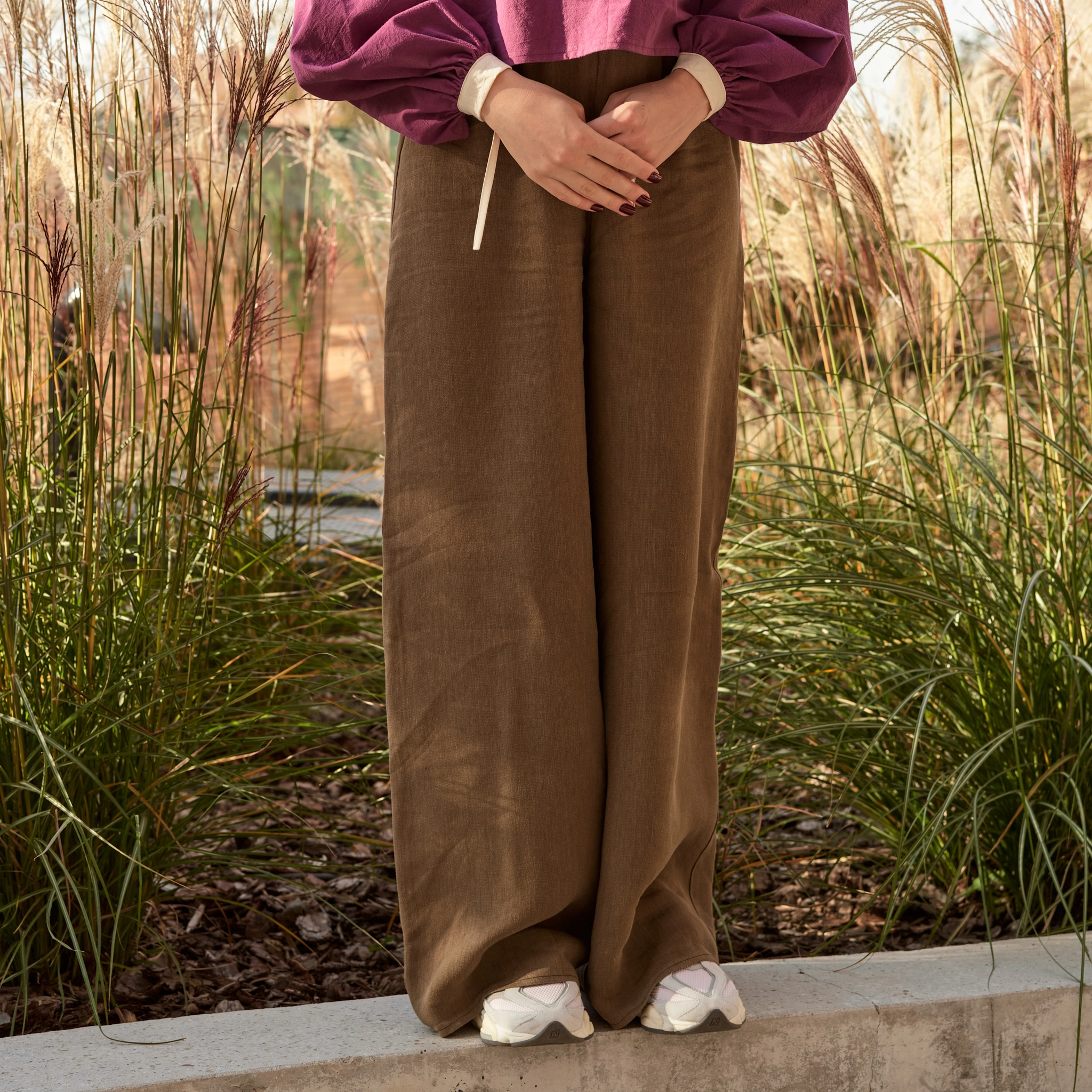 Pantaloni lungi din in pentru femei, croi larg, talie elastică, stil casual-chic [5]