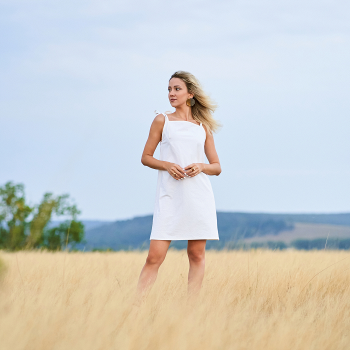 Rochie de Vară din Bumbac Natural – Detalii cu Fundițe pe Umeri [3]