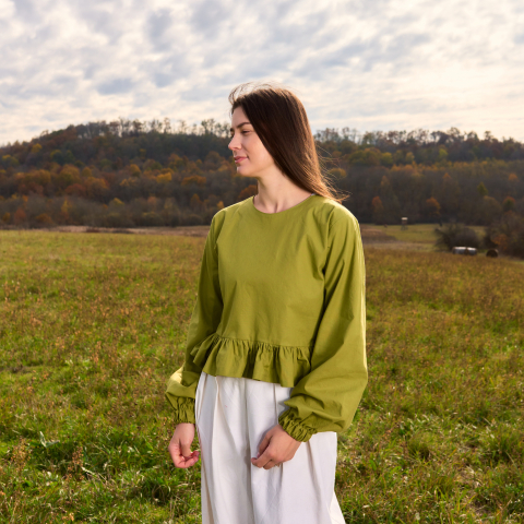 Bluza lejera bumbac natural verde olive cu volanas [5]