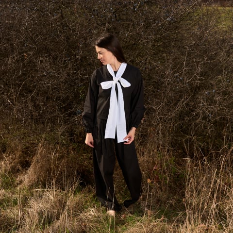 Bluze rafinate - Bluza din bumbac natur cu fundita lunga si maneci cu elastic