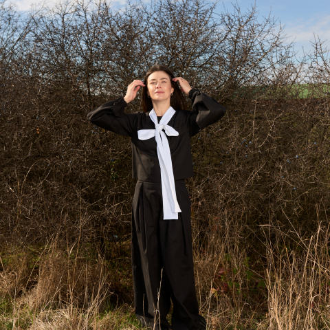 Bluza din bumbac natur cu fundita lunga si maneci cu elastic [1]