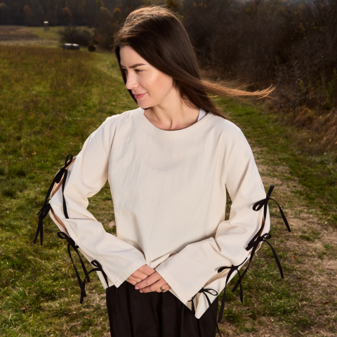 Bluza din bumbac natur cu fundite laterale pe maneci [6]