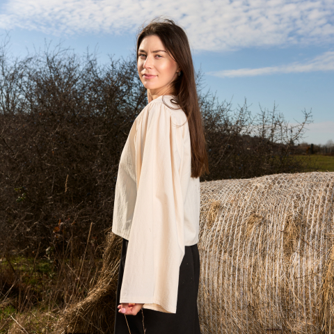 Bluza din bumbac natur cu maneca incretita si funde laterale [4]