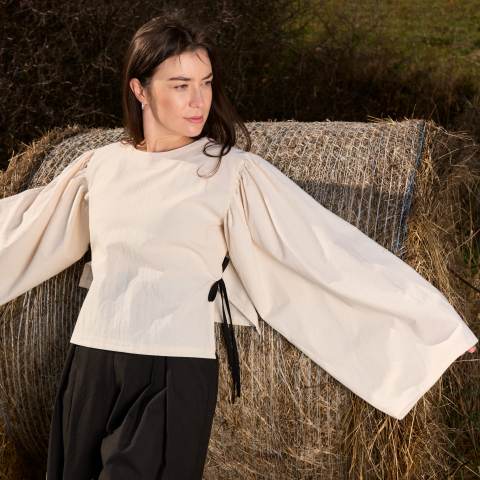 Bluza din bumbac natur cu maneca incretita si funde laterale [1]