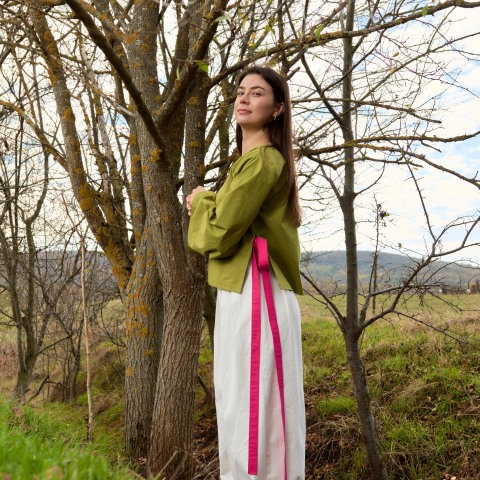 Bluza bumbac Olive cu snur roz [1]