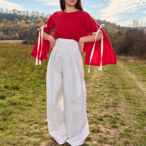 Bluza bumbac roșu cu mâneci largi Selena [3]