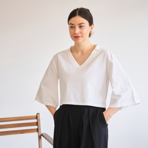 Bluză albă din bumbac natural, croială oversized și mâneci largi [4]