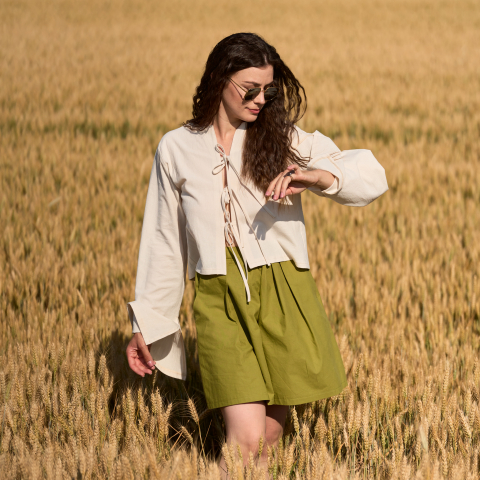 Pantaloni scurți din bumbac natural, culoare verde olive, lejeri cu buzunare [2]