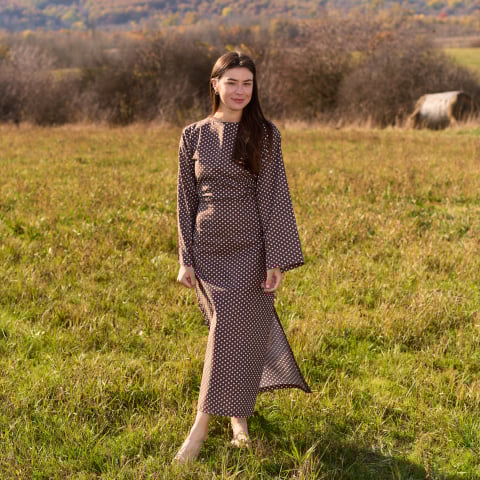 Outfit complet - Rochie bumbac natural cu șlițuri laterale si snur reglabil in talie