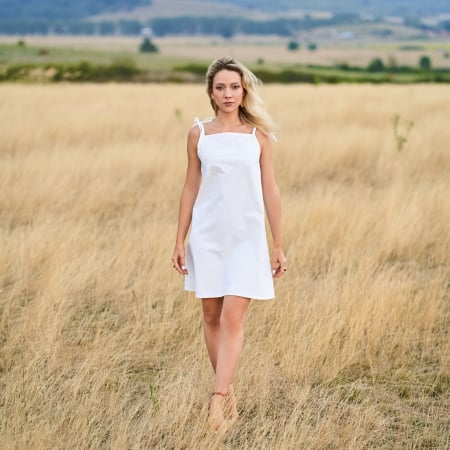 Femei - Rochie de Vară din Bumbac Natural – Detalii cu Fundițe pe Umeri