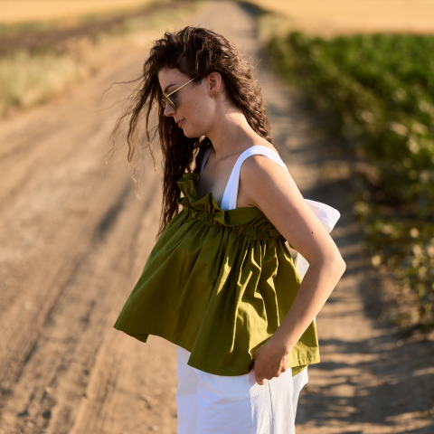 Top dama de vara, verde olive, cu elastic la bust si bretele lungi din fundite [1]