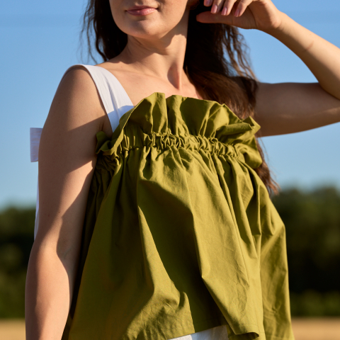 Top dama de vara, verde olive, cu elastic la bust si bretele lungi din fundite [4]