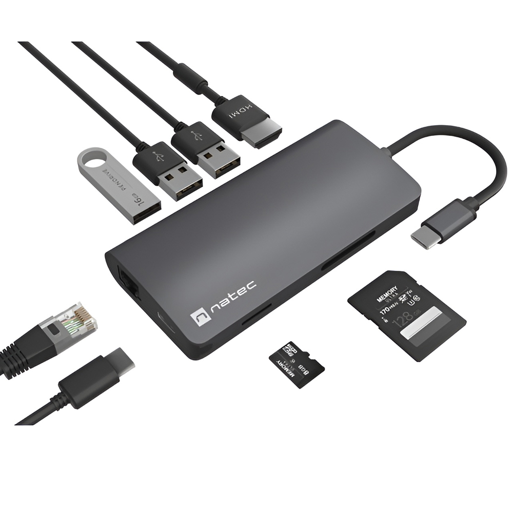 Natec Fowler Plus Hub USB-C Мультипорт Адаптер 8 в 1 Natec Fowler 2 V2 3x USB 3.0 Hub, HDMI 4K, USB-C, RJ45, SD, Micro SD [3]