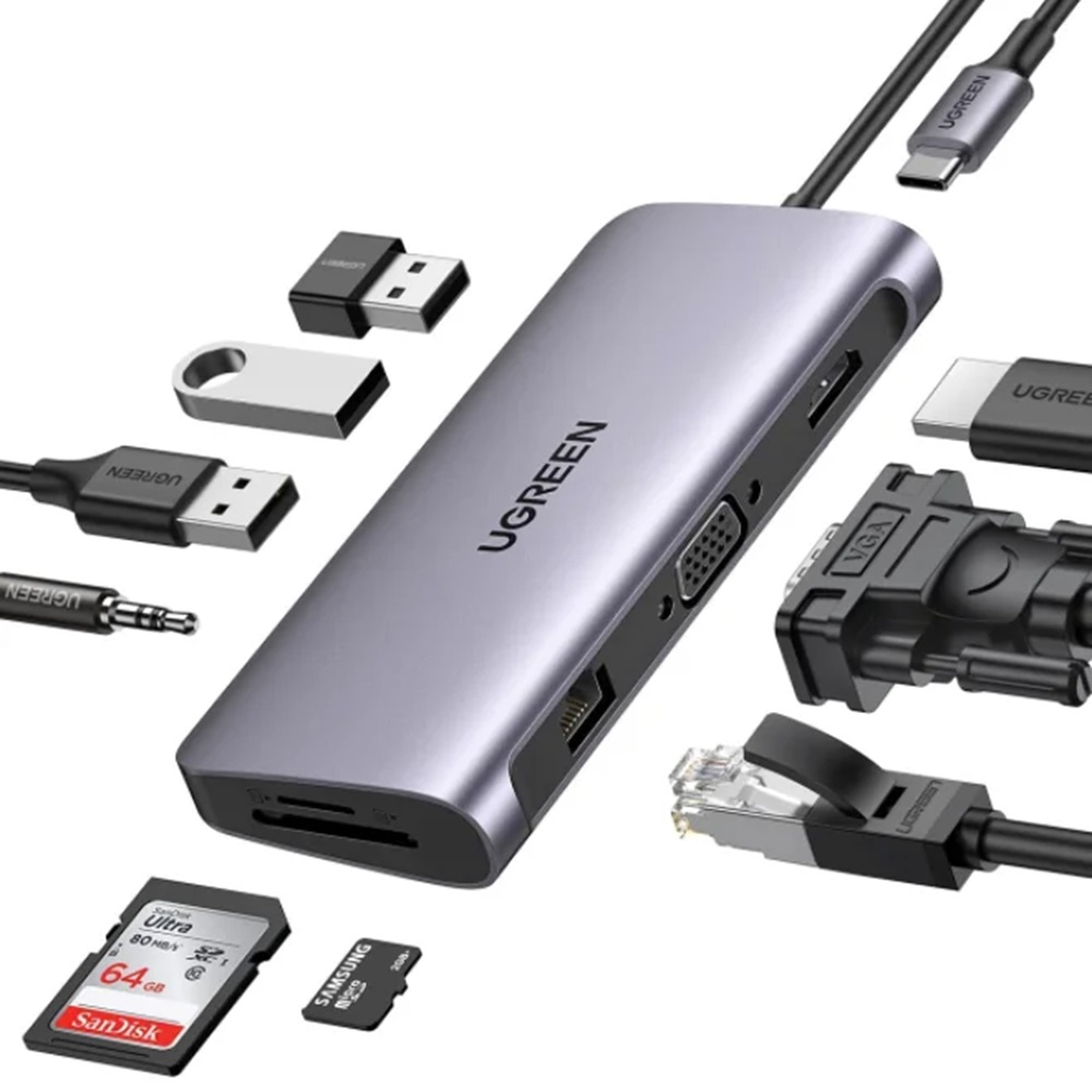 UGREEN HUB 11in1 Type-C 3.0 в 2*USB 3.1 + USB 3.0 + Type-C 3.1 + 2*HDMI + SD/TF + 3.5mm аудио PD 100W CM179, Space Gray [3]