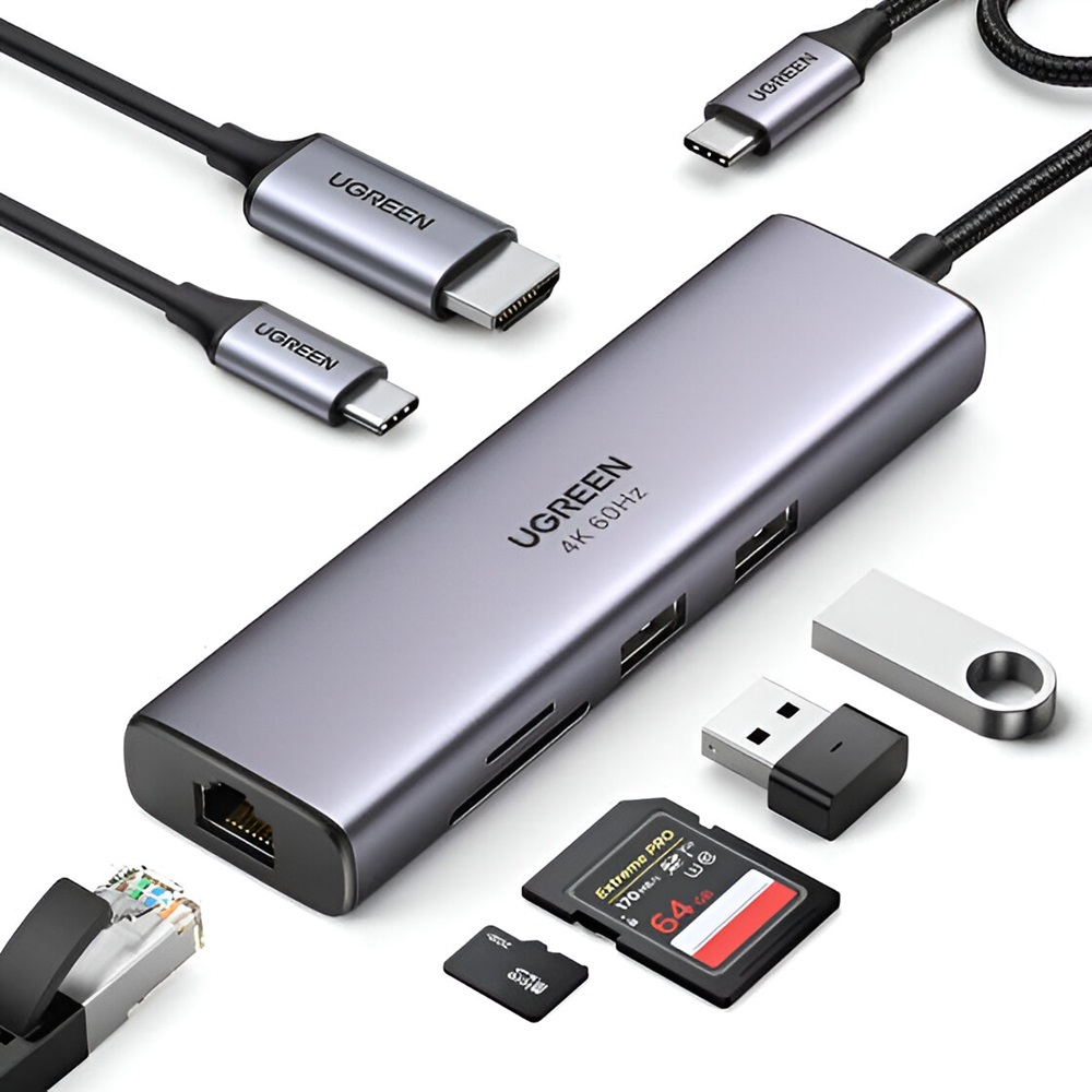 UGREEN HUB 7 в 1 Type-C 3.0 к + 2*USB 3.0 + HDMI + Gigabit RJ45 + SD/TF + PD 95W CM512, серый [2]
