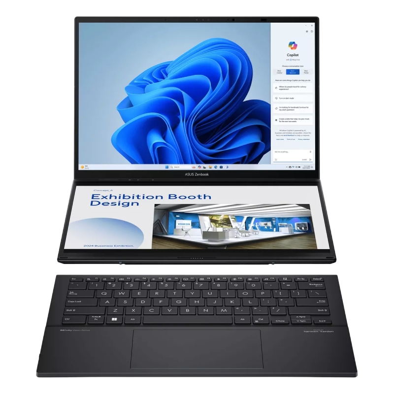 Laptop ASUS 14.0" Zenbook DUO OLED UX8406MA Gray - Core Ultra 9 185H 32Gb 1Tb Win 11 14.0" OLED WUXGA (1920x1200) Touch Glare, Intel Core Ultra 9 185H (16x Core, 6x 5.1GHz, 8x 3.8GHz, 2x 2.5GHz, 24Mb), 32Gb (Onboard) LPDDR5X, 1Tb PCIE, Intel Arc Graphics, HDMI, 802.11ax, Bluetooth, 2x USB-C TB4, 1x USB-A, IR FHD Webcam, Windows 11 Home, 4-cell 75Wh Battery, Soft Keyboard 0.3kg, 1.35kg, Inkwell Gray, Sleeve, ASUS Pen [8]