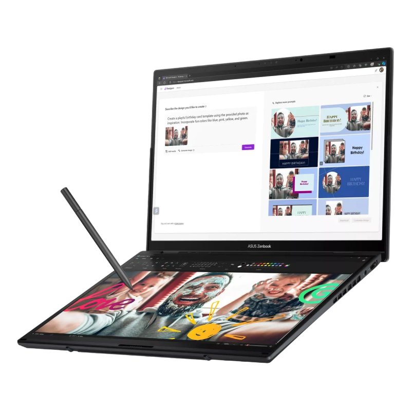 Laptop ASUS 14.0" Zenbook DUO OLED UX8406MA Gray - Core Ultra 9 185H 32Gb 1Tb Win 11 14.0" OLED WUXGA (1920x1200) Touch Glare, Intel Core Ultra 9 185H (16x Core, 6x 5.1GHz, 8x 3.8GHz, 2x 2.5GHz, 24Mb), 32Gb (Onboard) LPDDR5X, 1Tb PCIE, Intel Arc Graphics, HDMI, 802.11ax, Bluetooth, 2x USB-C TB4, 1x USB-A, IR FHD Webcam, Windows 11 Home, 4-cell 75Wh Battery, Soft Keyboard 0.3kg, 1.35kg, Inkwell Gray, Sleeve, ASUS Pen [3]